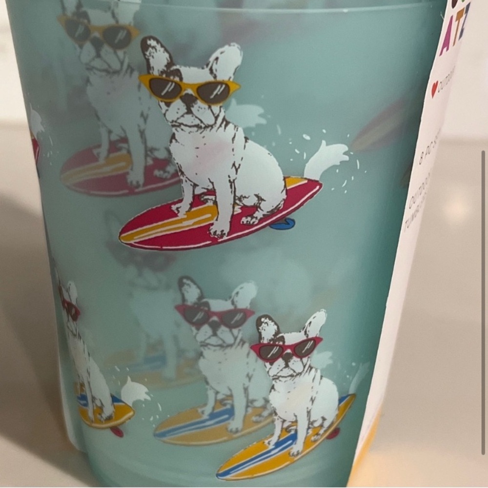 French Bulldog Surfer Set of 8 Dog Design Tumblers NWT beach outdoor pool cups